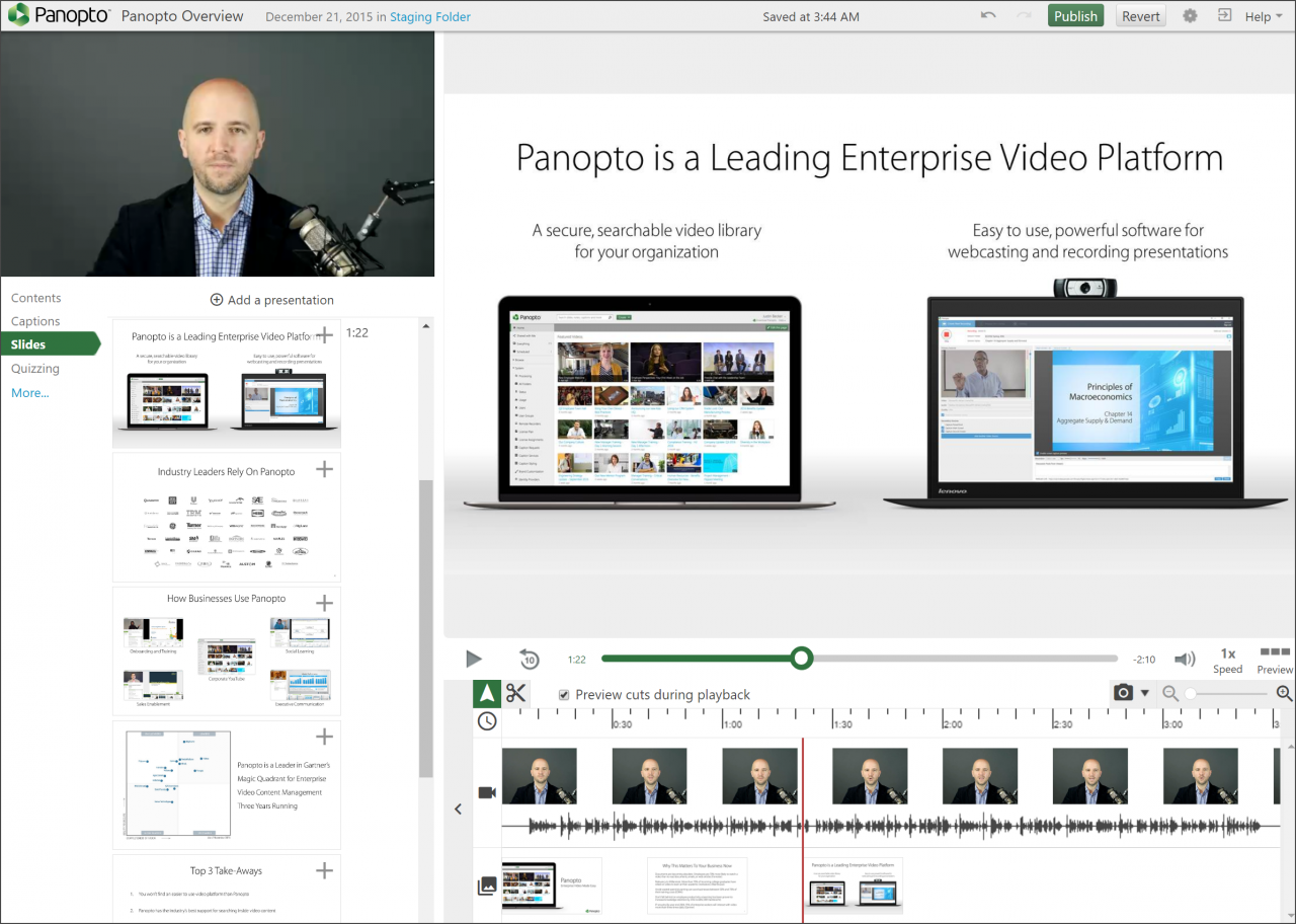 Panopto's online video editor creates a table of contents and adds thumbnails to videos 